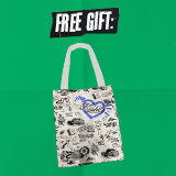 Kiehl's free gift pack featuring a tote bag, refillable bottle, and Ultra Facial Cream jars against a green background.